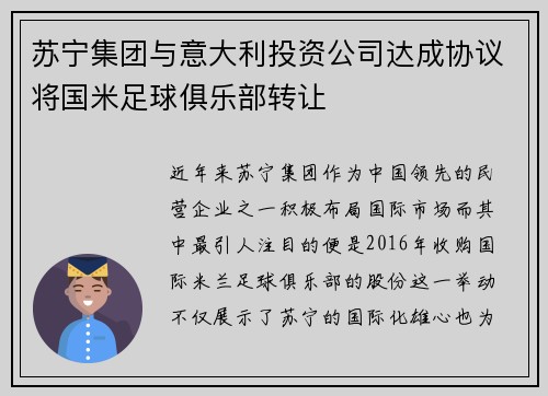 苏宁集团与意大利投资公司达成协议将国米足球俱乐部转让