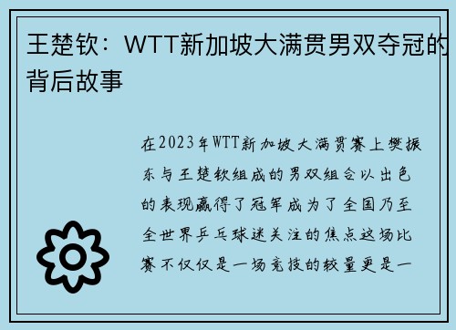 王楚钦：WTT新加坡大满贯男双夺冠的背后故事