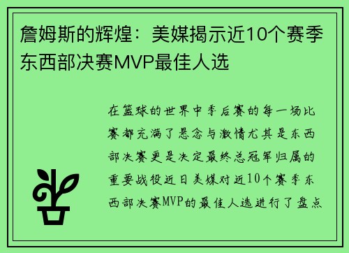 詹姆斯的辉煌：美媒揭示近10个赛季东西部决赛MVP最佳人选