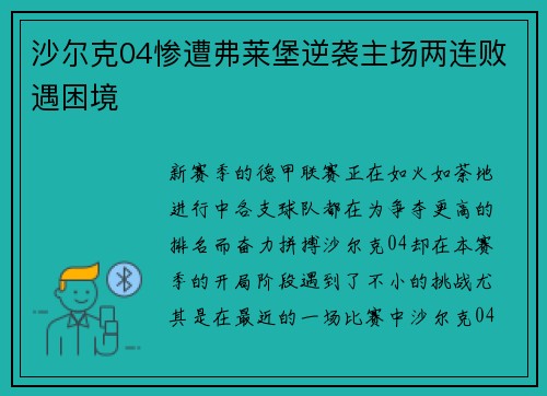 沙尔克04惨遭弗莱堡逆袭主场两连败遇困境